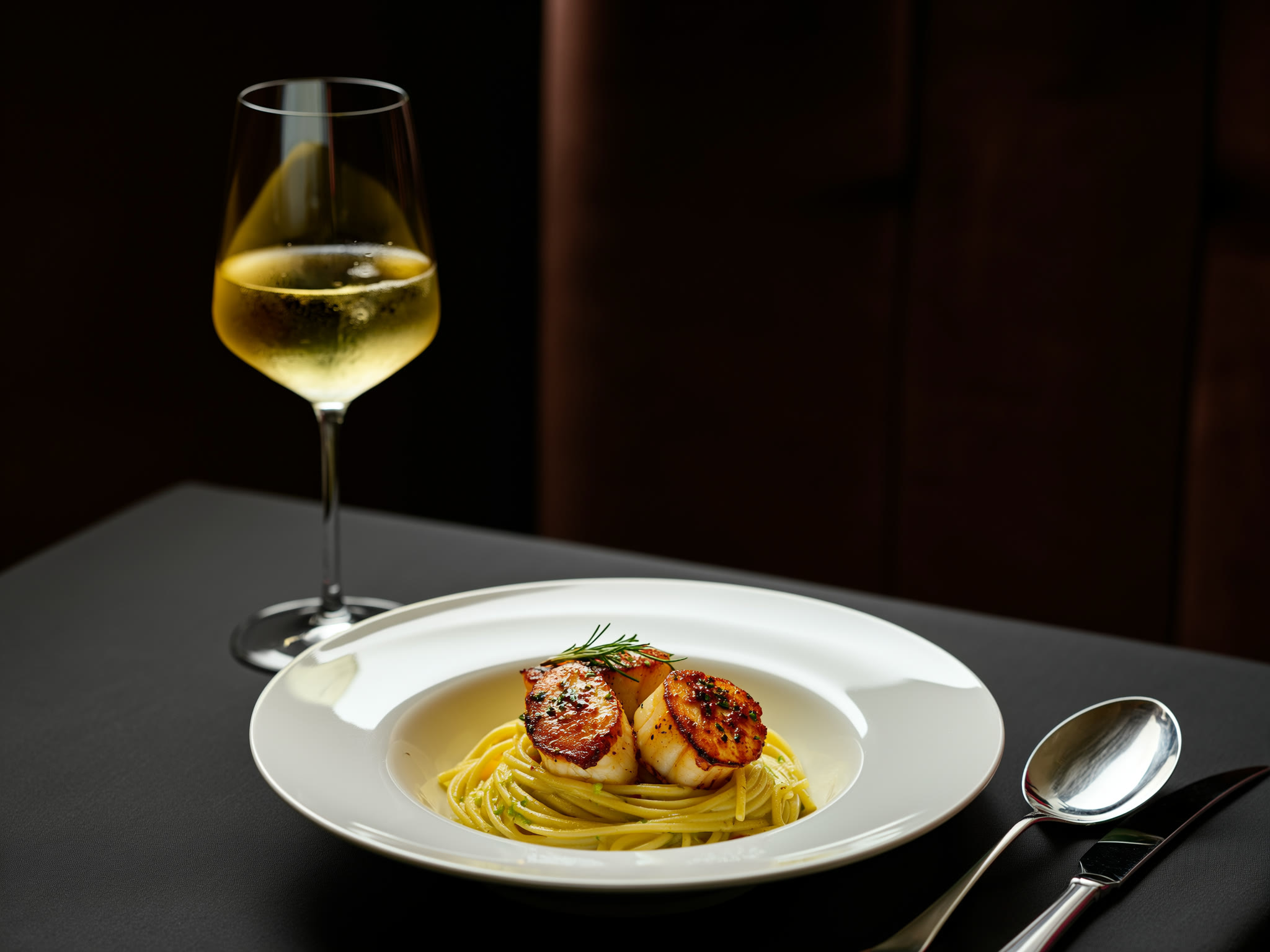 Seared scallops with a glass of white wine